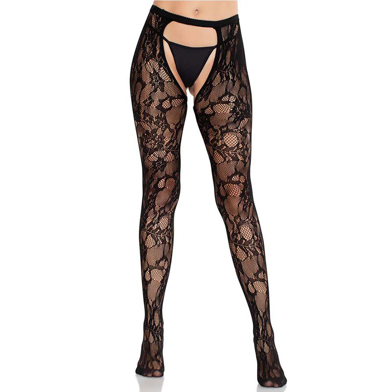 Rose Lace Crotchless Tights with Open Back - Desireshop.nl