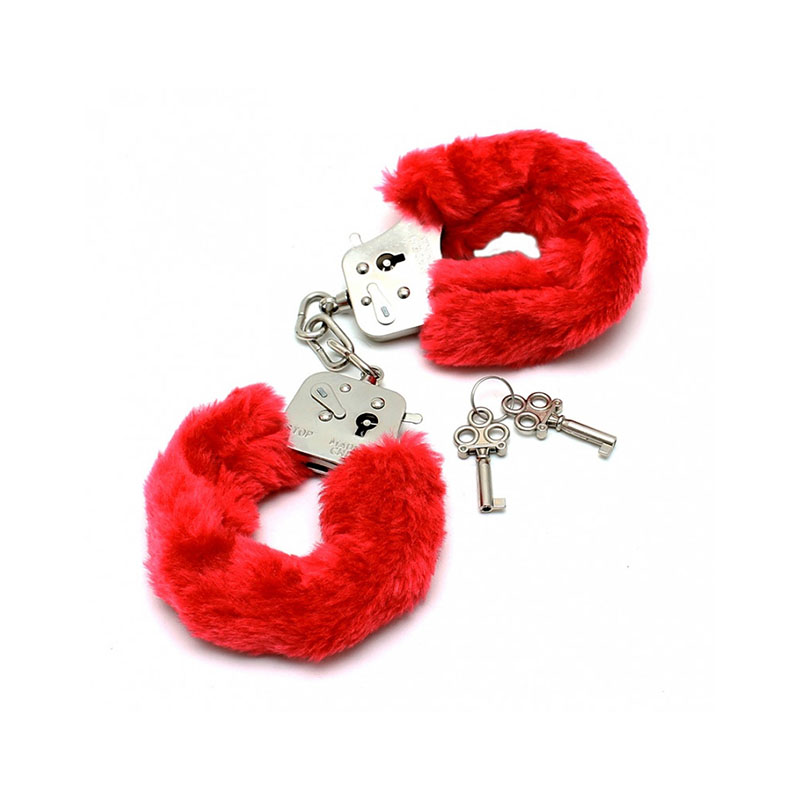 Stalen Handboeien met rood bont - Desireshop.nl